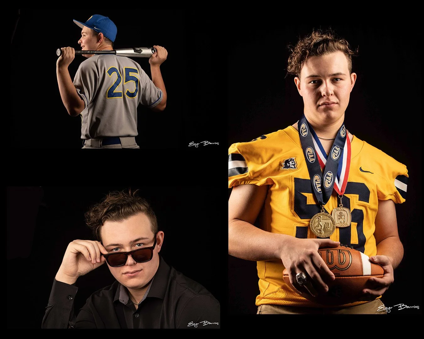 Mount Lebanon senior pictures composite showcasing male high school seniors in studio portraits including a baseball player with bat, football player with medals and trophies, and modern sunglass pose by Eliezer Barros