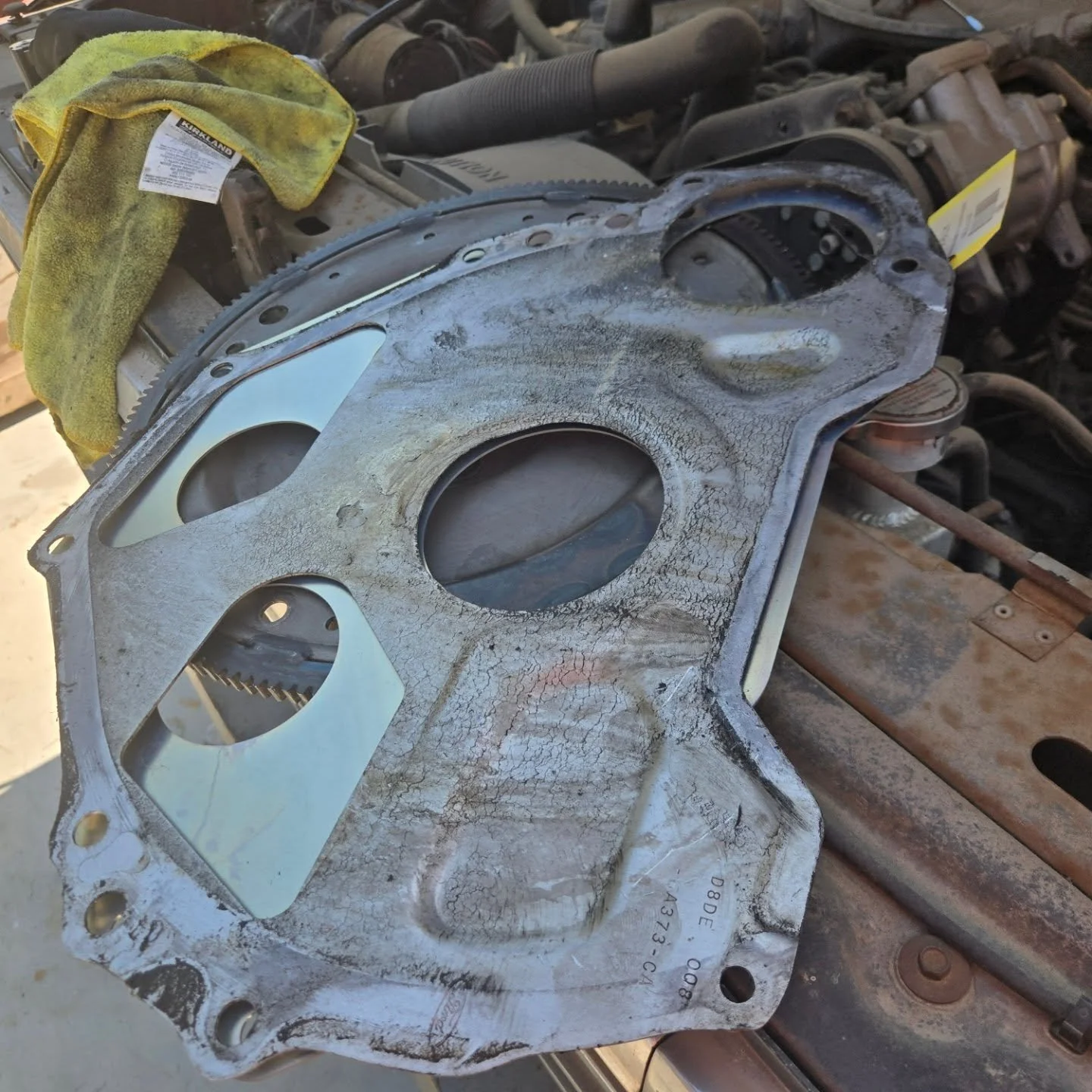 After far too much effort, finally got the transmission removed on the Bronco and pulled the flexplate and separator plate. Old on top, new on the bottom. This should finally fix longstanding start engagement problems on this truck. #Bronco #krailkus