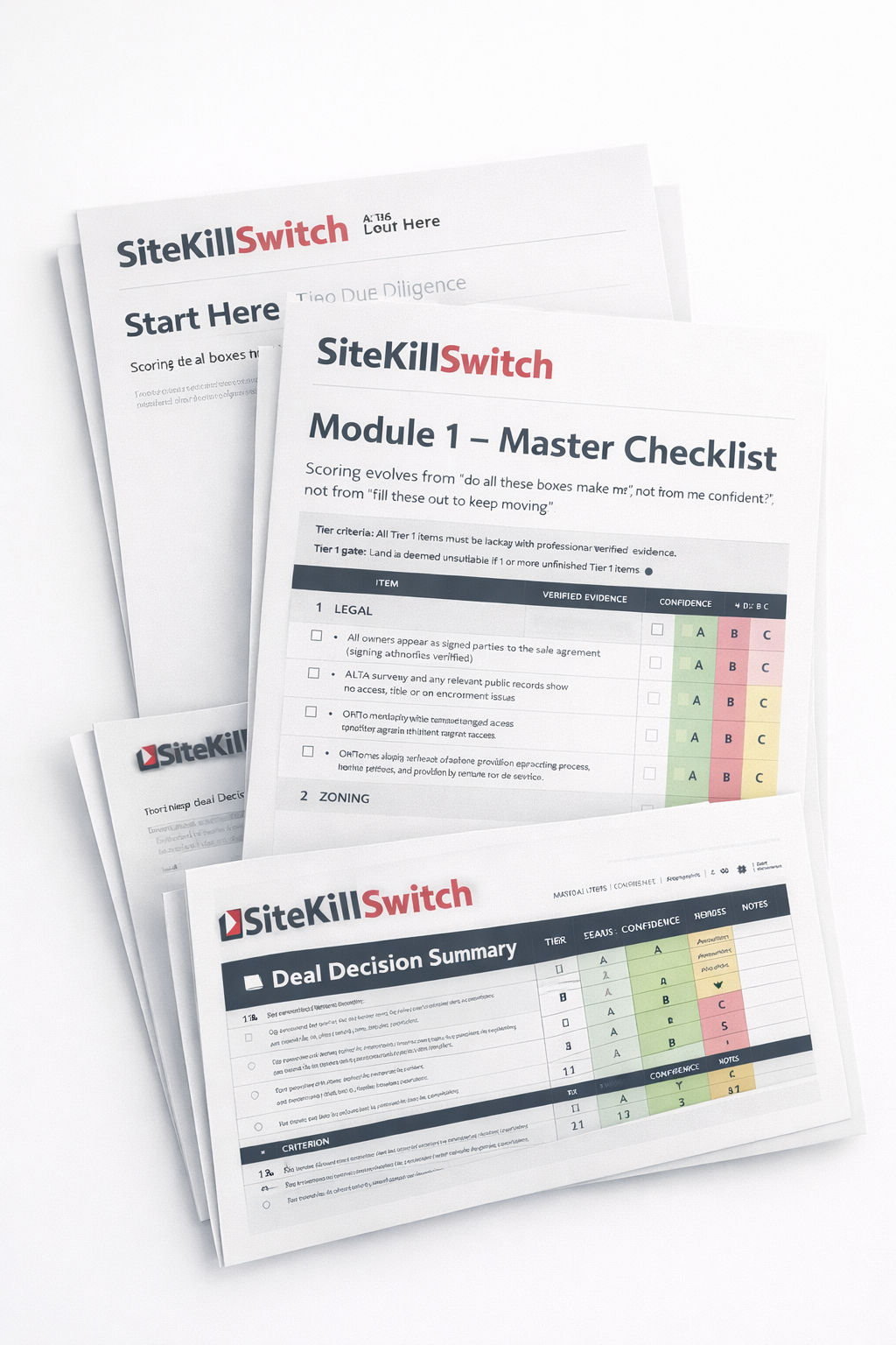 Documents titled 'SiteKillSwitch' and 'Module 1 - Master Checklist' with checkboxes and color-coded assessment ratings on a white background.
