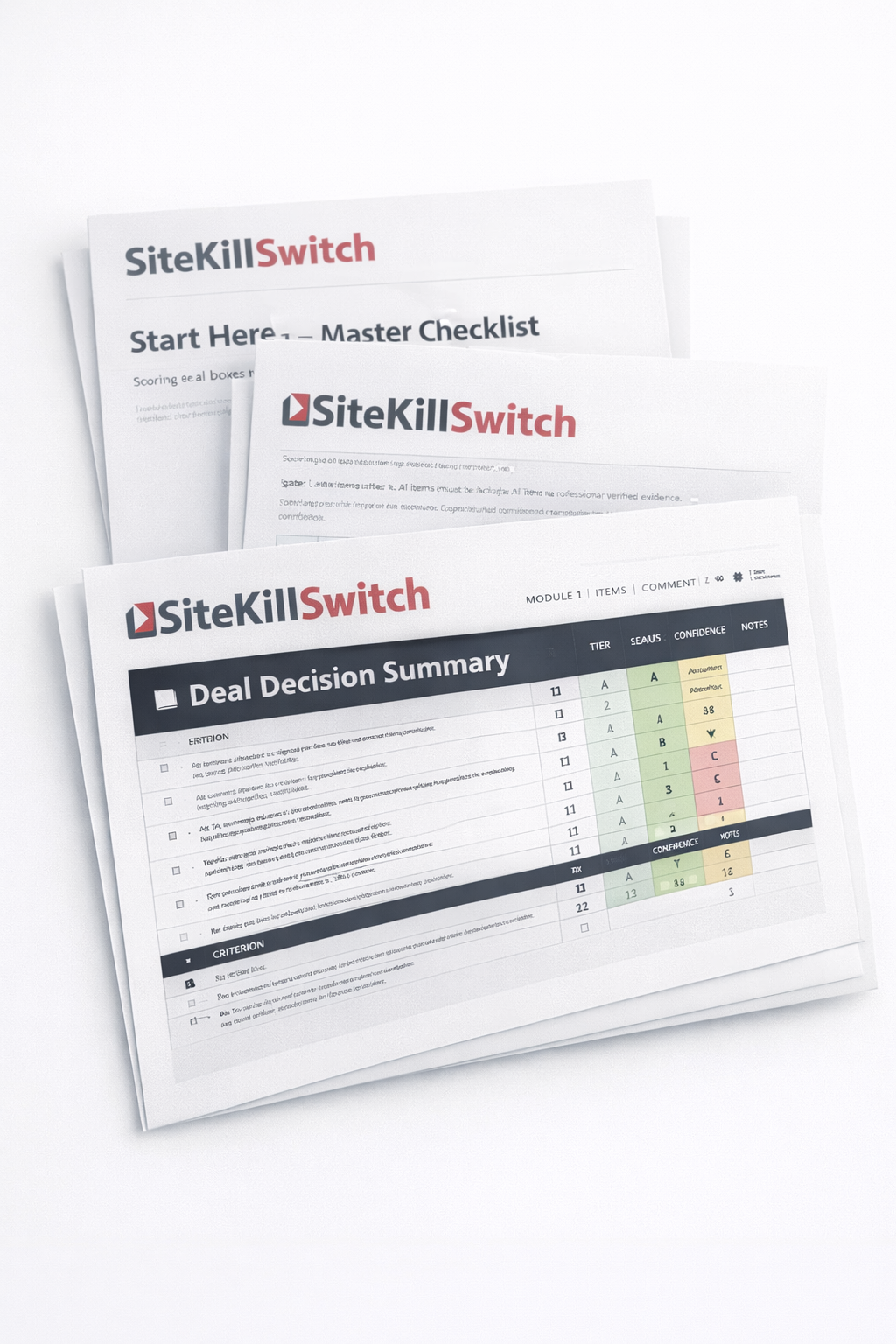 Documents titled SiteKillSwitch with checklists, a module, deal decision summary with tables and colored highlights on a white background.