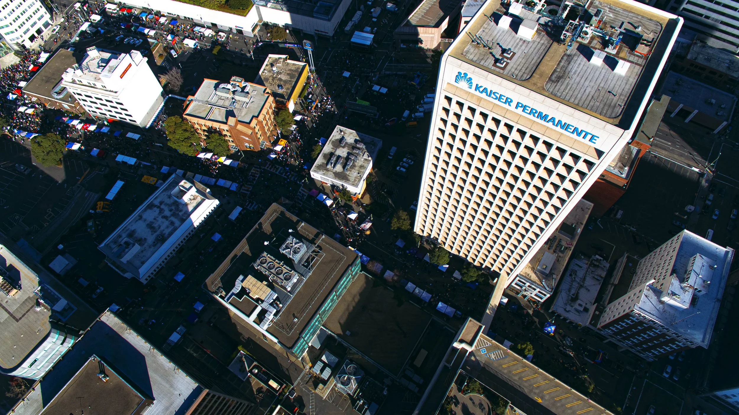 photo from a drone of downtown oakland