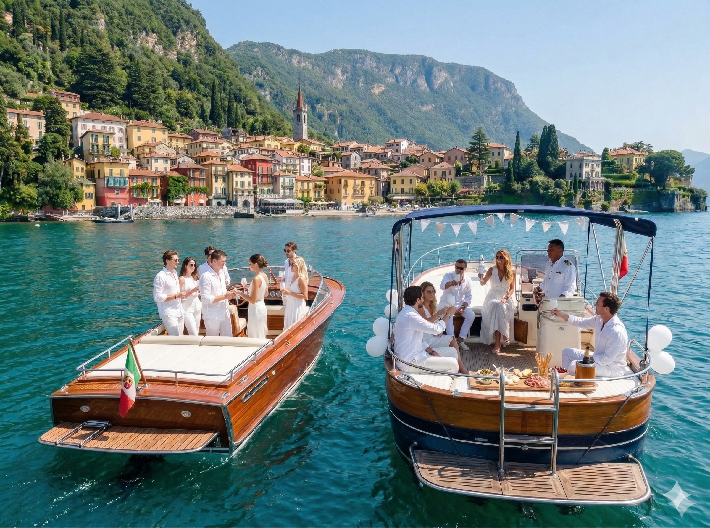 People dressed in white enjoy a boat cruise on a lake with colorful buildings and lush green mountains in the background.