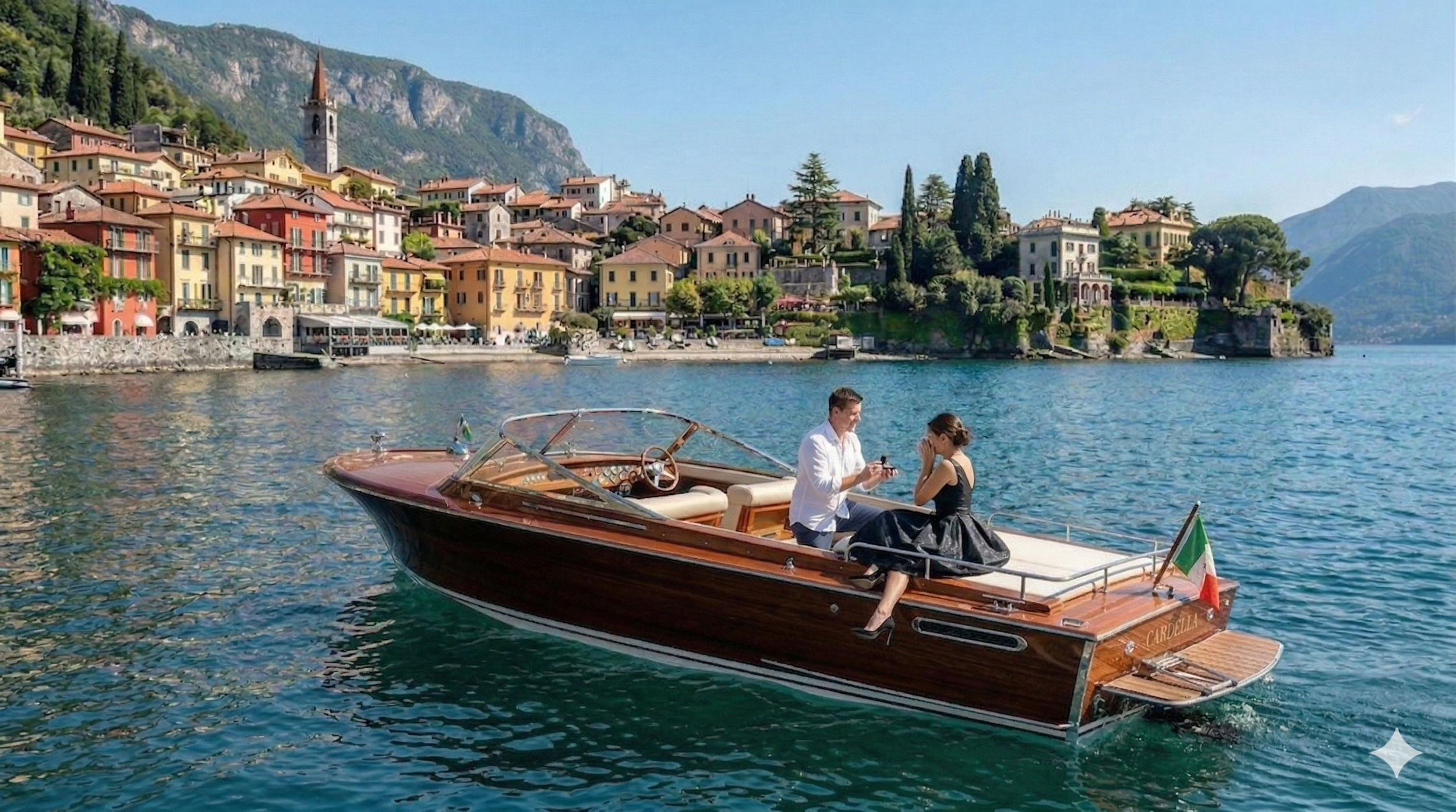 A man and woman on a wooden boat on a lake with a European town and mountains in the background. The man is wearing a white shirt and the woman a black dress. The woman is sitting, the man is standing and holding something while talking to her.