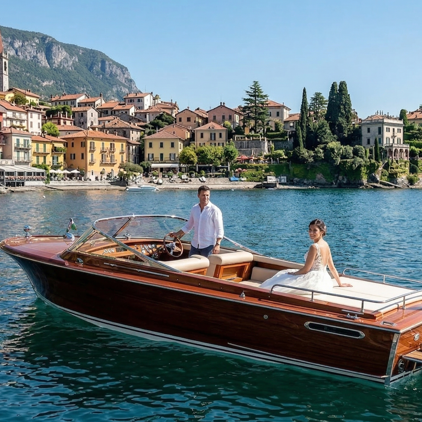 A man and woman on a yacht in a lake with colorful houses and greenery on a hillside in the background.