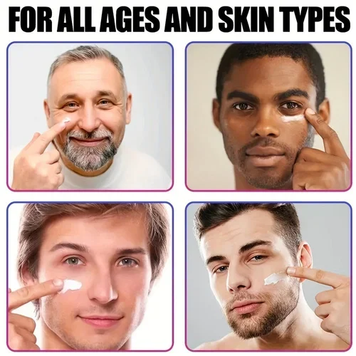 Four men with different skin types applying skincare products under the text 'For All Ages and Skin Types.'