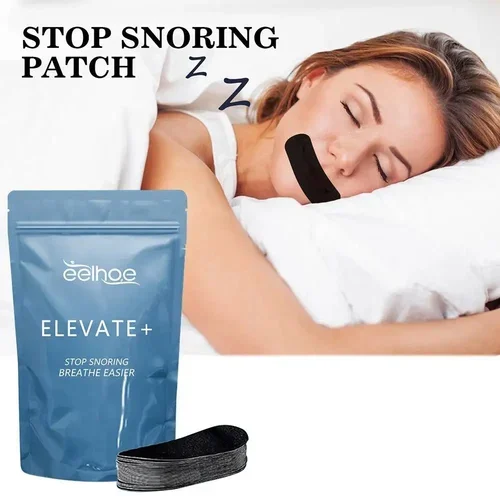 A woman sleeping with a black snoring patch over her mouth, a blue package labeled 'Eelhoe Elevate+ Stop Snoring Breathe Easier,' and a black elastic band in front of the package. The text 'Stop Snoring Patch' is in the top left corner.