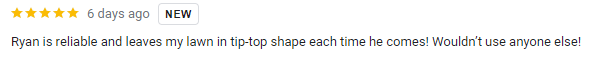 Online review with 4.5 stars, posted 6 days ago, describing Ryan as reliable and noting he leaves the lawn in tip-top shape.