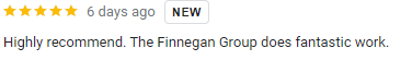 A review snippet with a five-star rating, stating 'Highly recommend. The Finnegan Group does fantastic work.'