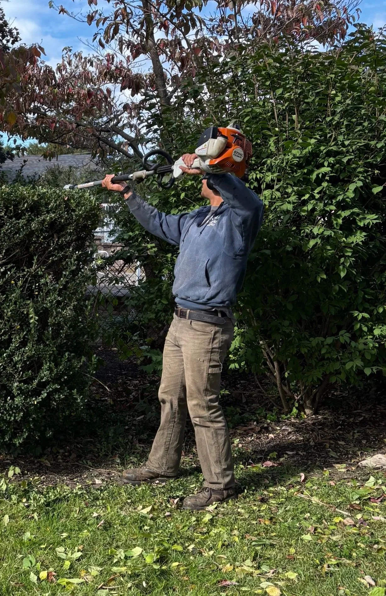 Person using a leaf blower in a backyard, wearing a gray hoodie and beige pants, surrounded by bushes and trees.