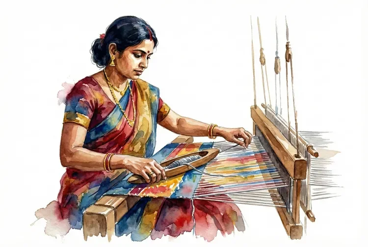 lady on a traditional handloom with the shuttle