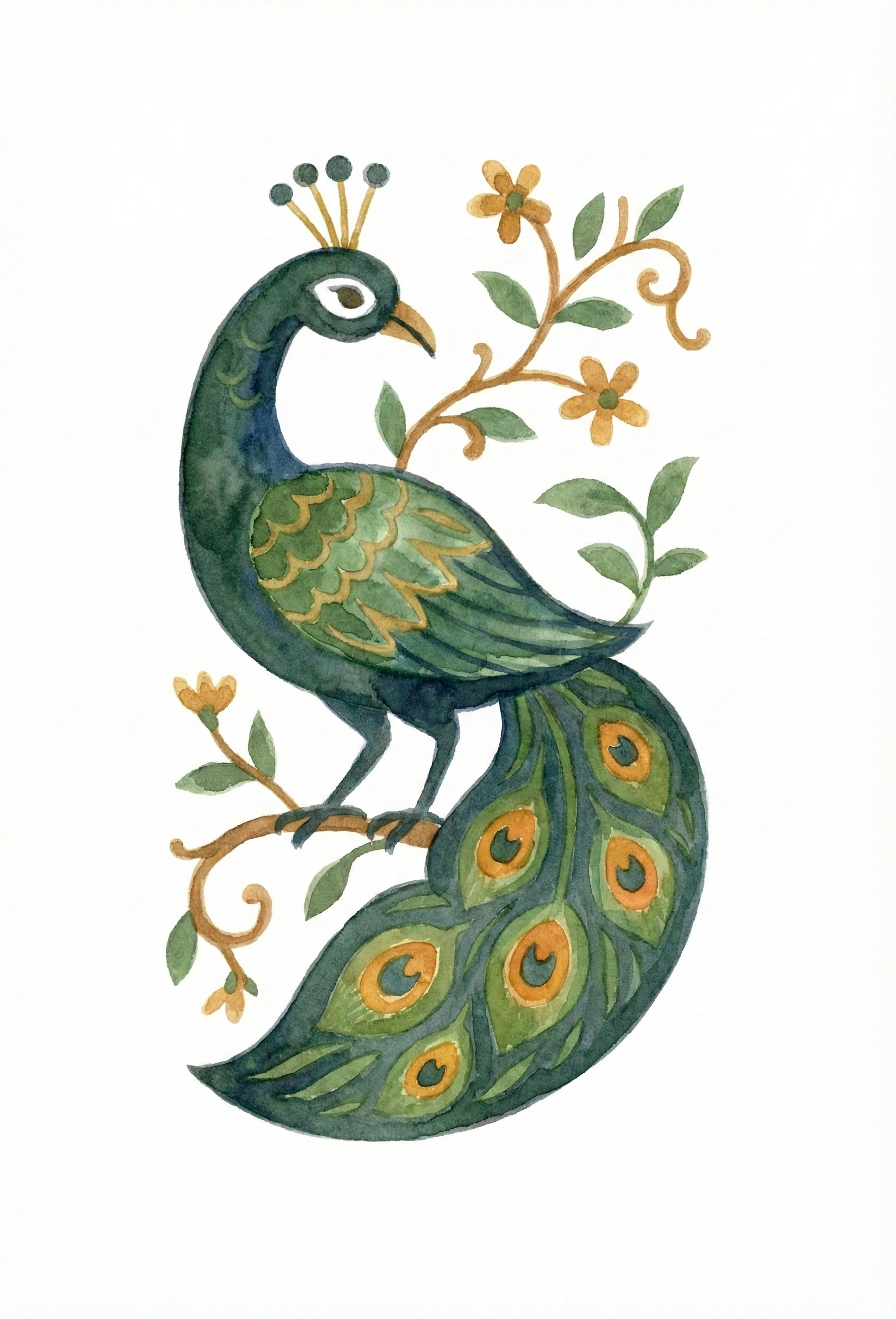 Watercolor painting of a peacock with vibrant green, blue, and gold feathers, standing among orange flowers and green leaves on a white background.