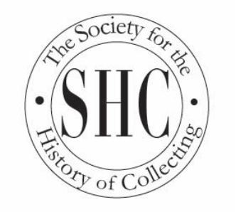 Logo for The Society for the History of Collecting (SHC), circular design with the organization's name around the edge and the letters 'SHC' in the center.