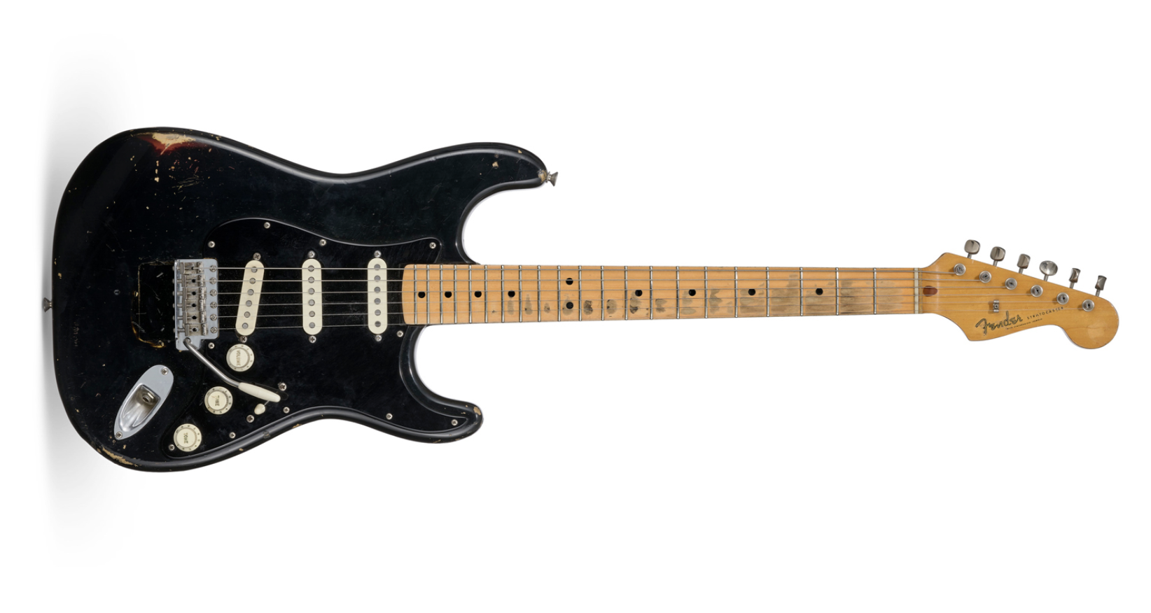 David Gilmour: Fender Stratocaster, “The Black Strat,” 1969 and 1983, Fender Electric Instrument Company, Fullerton, California. (Photo via Christie’s)