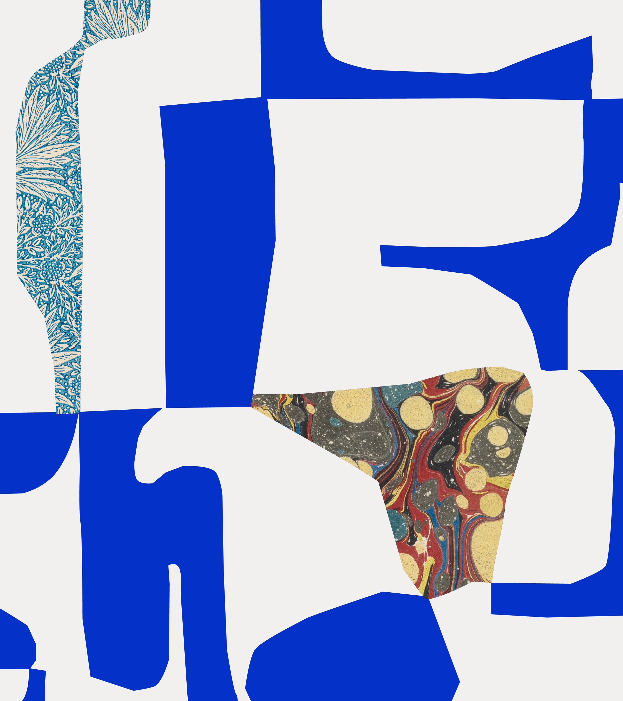 Abstract digital artwork featuring irregular blue shapes, a strip with intricate blue and white floral pattern, and a marble-like multicolored section on a light background.