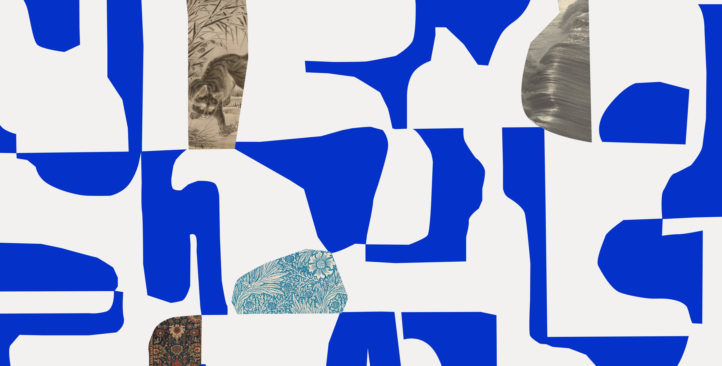 A collage of abstract blue shapes with various patterned and photographic snippets of animals and nature, including a tiger and waves.
