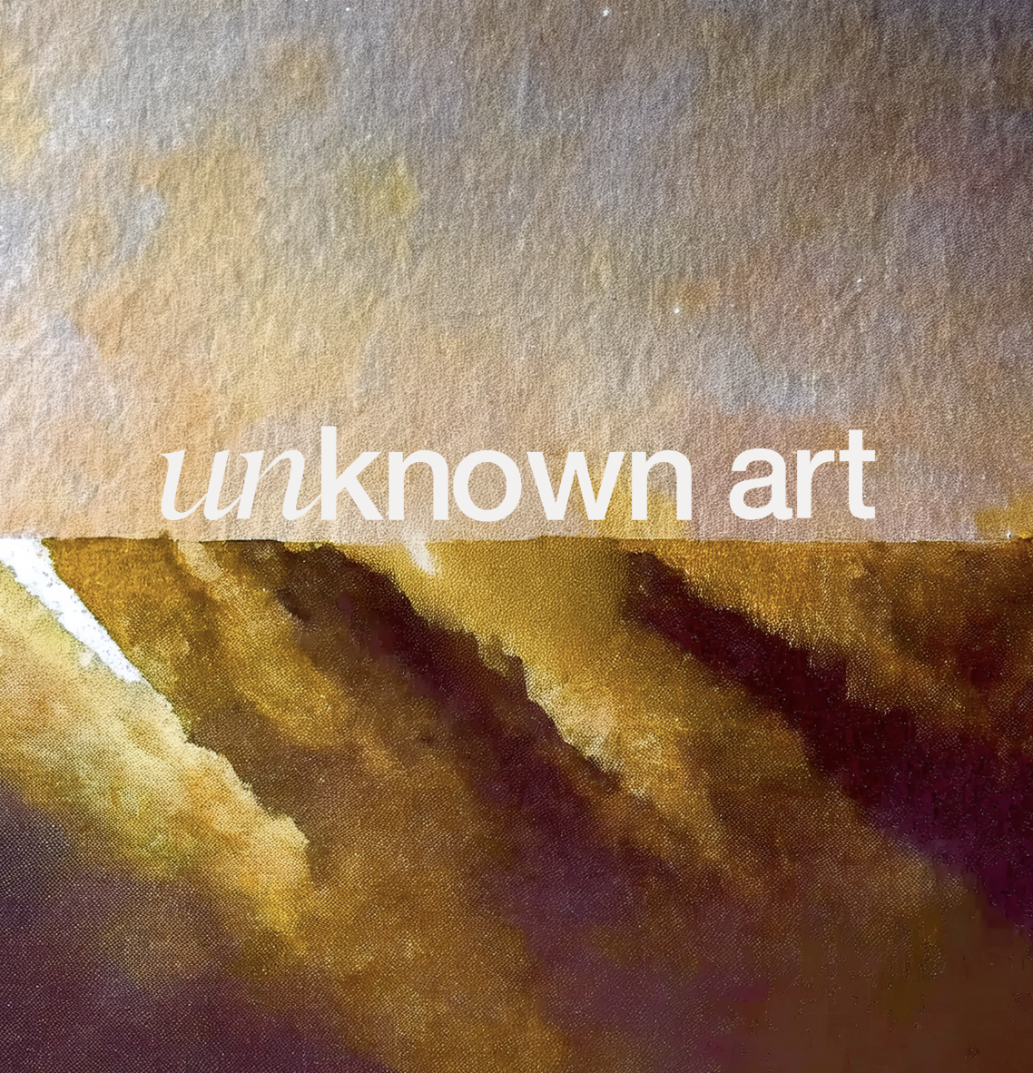 Abstract watercolor painting with blending shades of yellow, brown, and purple, with the words 'unknown art' written across.