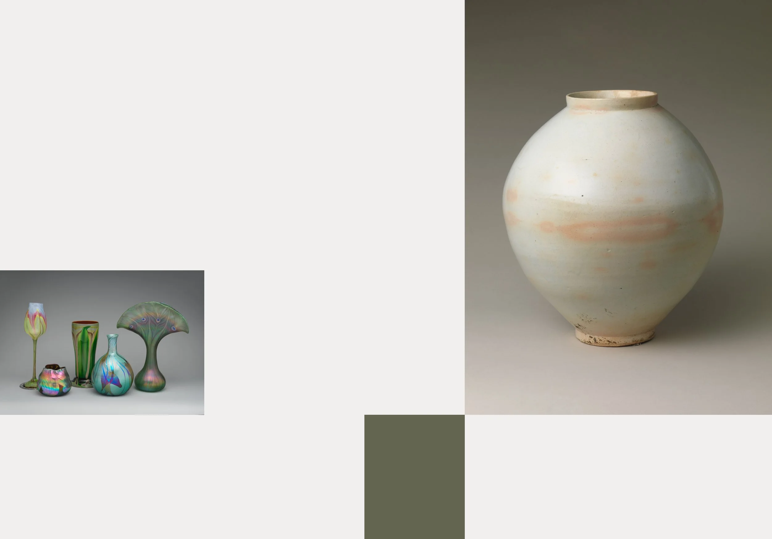 A collection of colorful glass vases and bowls with iridescent finishes, displayed against a gray background.
