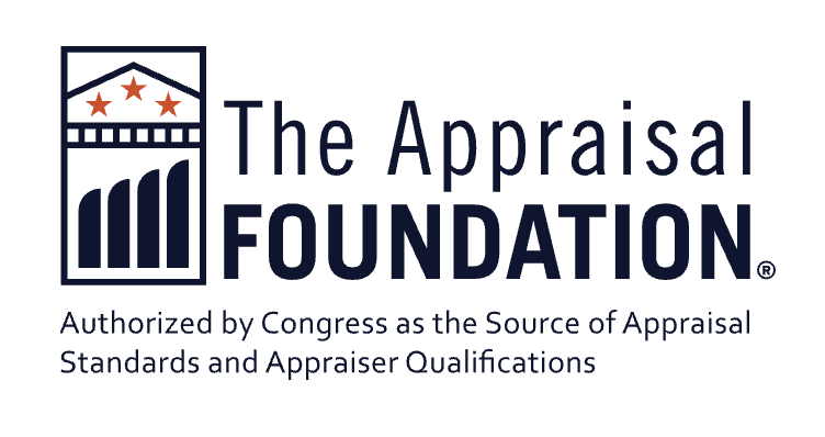 Logo of The Appraisal Foundation with a graphic of a gavel, stars, and a building, and text indicating its authorization by Congress for appraisal standards and qualifications.