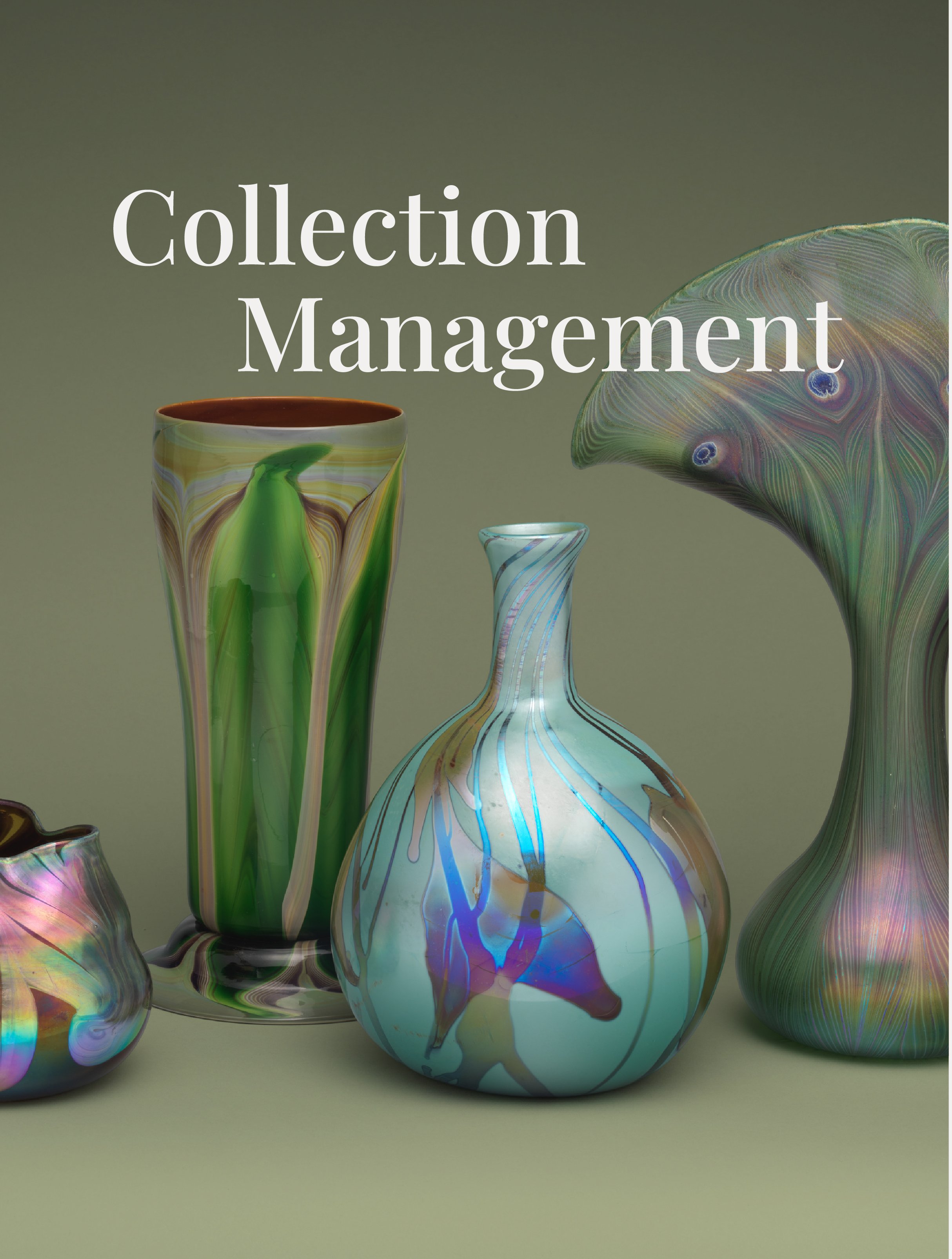 Various colorful, handcrafted glass vases with streaks and swirls of multiple iridescent colors, displayed against a neutral background.