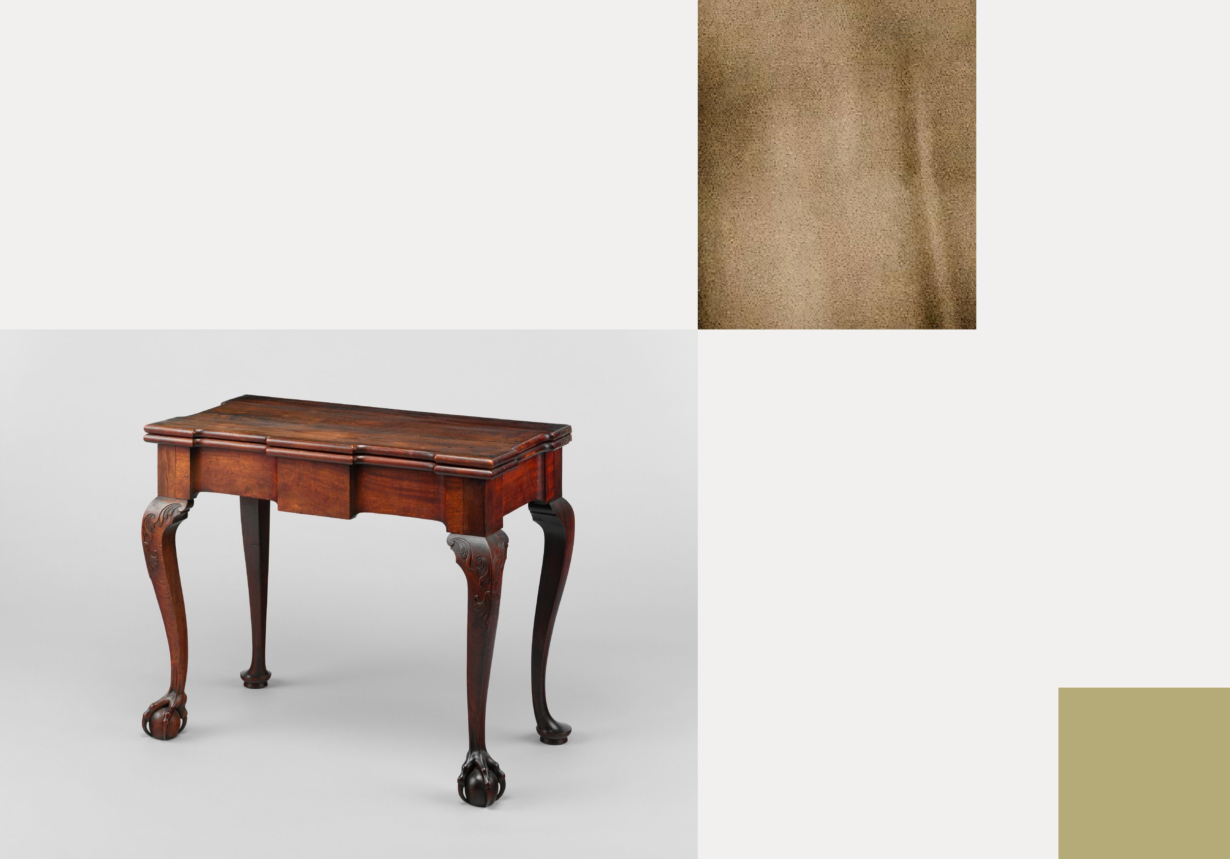 An antique wooden table with curved, carved legs and a polished top, placed against a plain grey background.