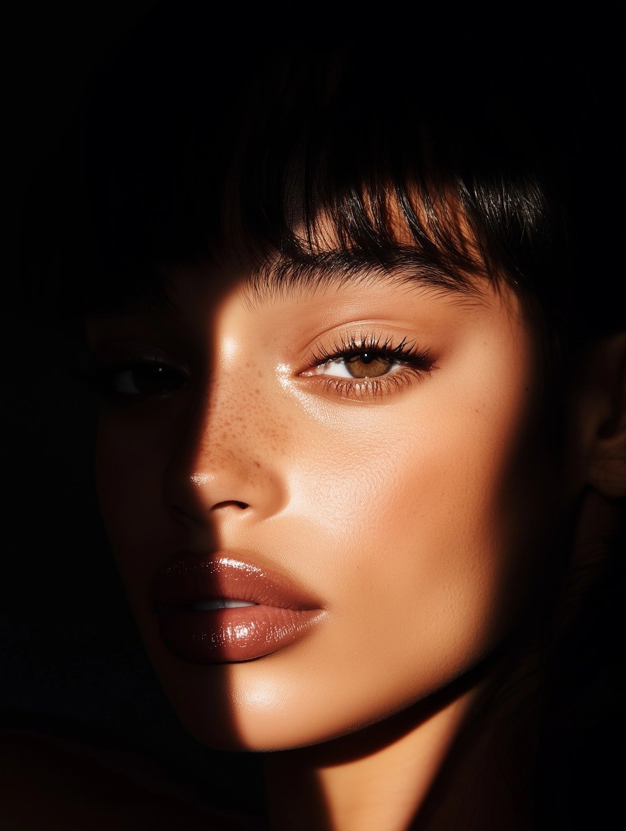 Close-up of a woman's face with one side illuminated and the other in shadow, showcasing her light brown eye, full lips, and smooth skin with freckles.