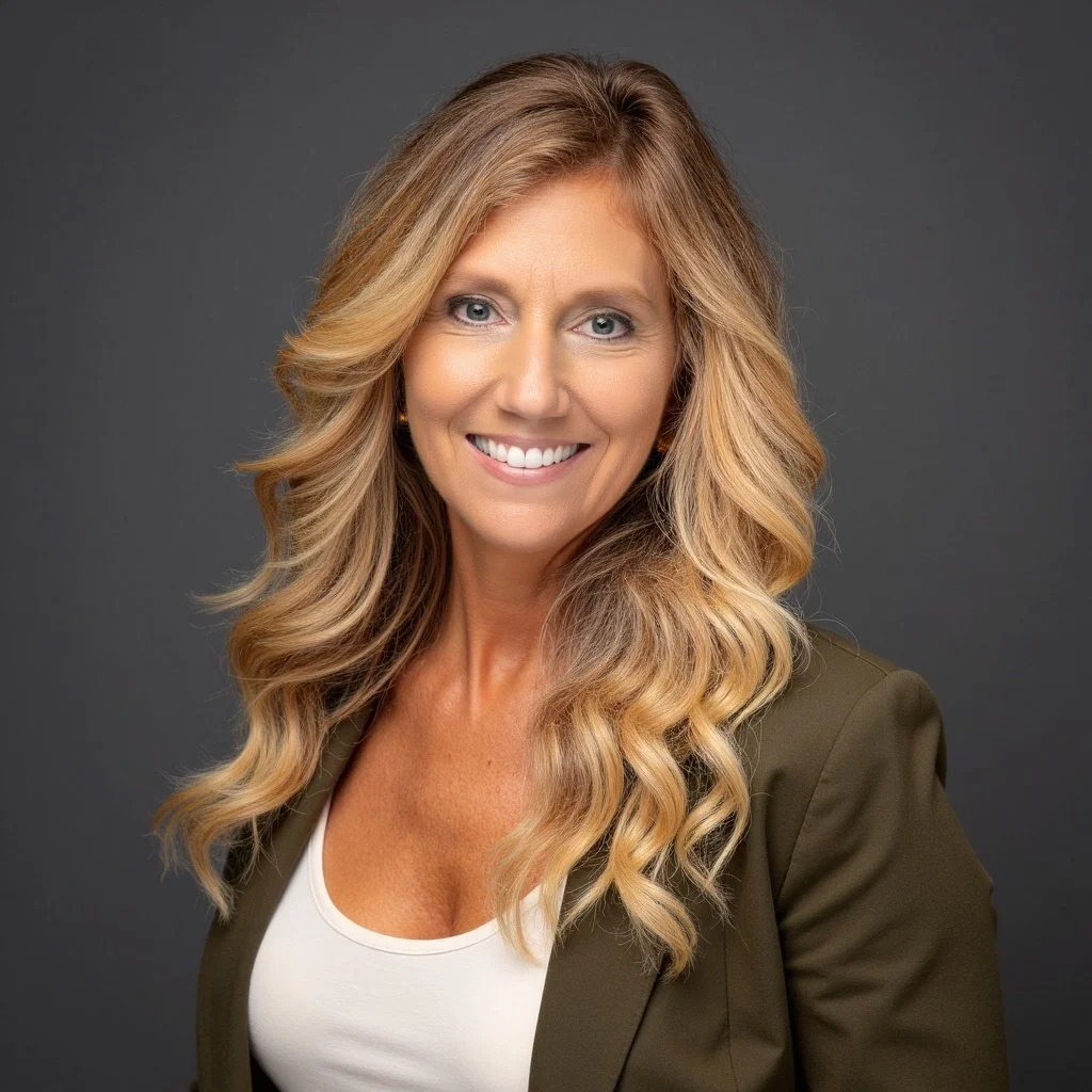 A woman with long, wavy blonde hair and blue eyes, smiling, wearing a dark blazer and white top, posed against a gray background.