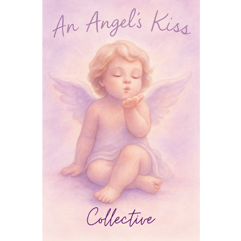 A soft pastel illustration of a cherubic angel with curly blonde hair and purple wings, sitting with one leg crossed, blowing a kiss, with the words 'An Angel's Kiss' at the top and 'Collective' at the bottom.