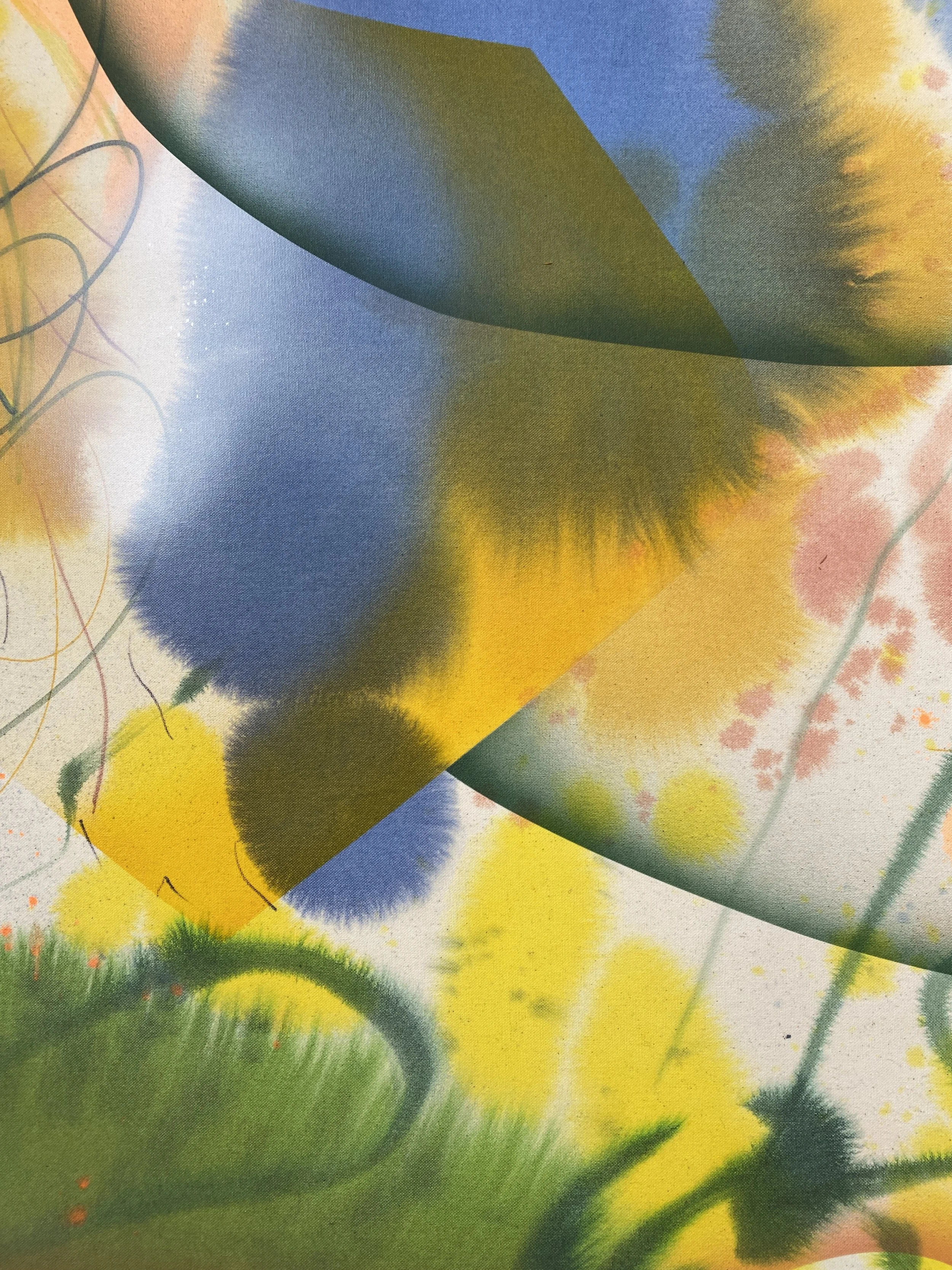 Detail of large abstract colorful acrylic painting with splashes of yellow, green, blue, and pink, with some faint pencil or brush strokes visible.
