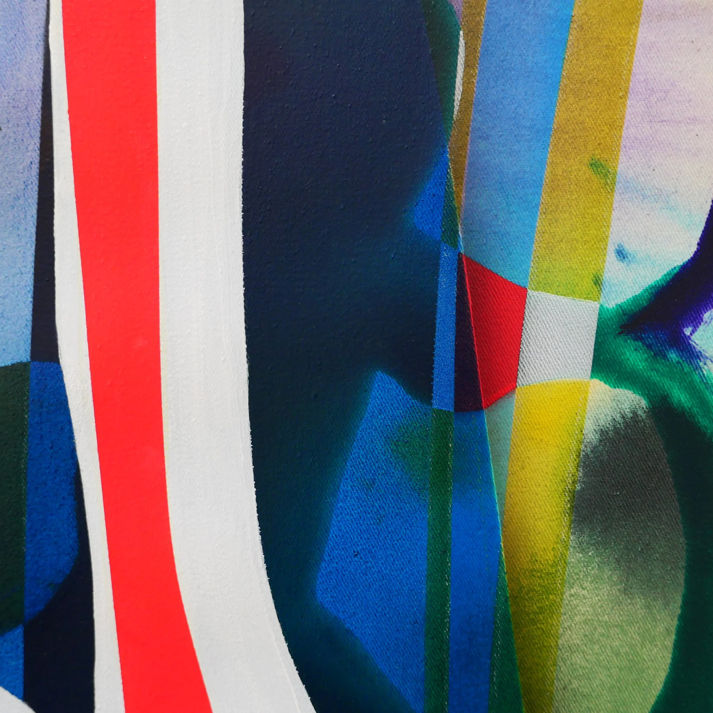 Close-up of a television screen displaying rainbow-colored vertical test pattern bars.
