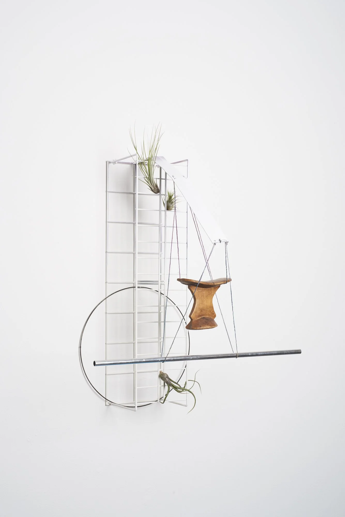 Untitled (Gridworks), 2018, Steel frame, plants, metal, wood, string, acrylic pain
