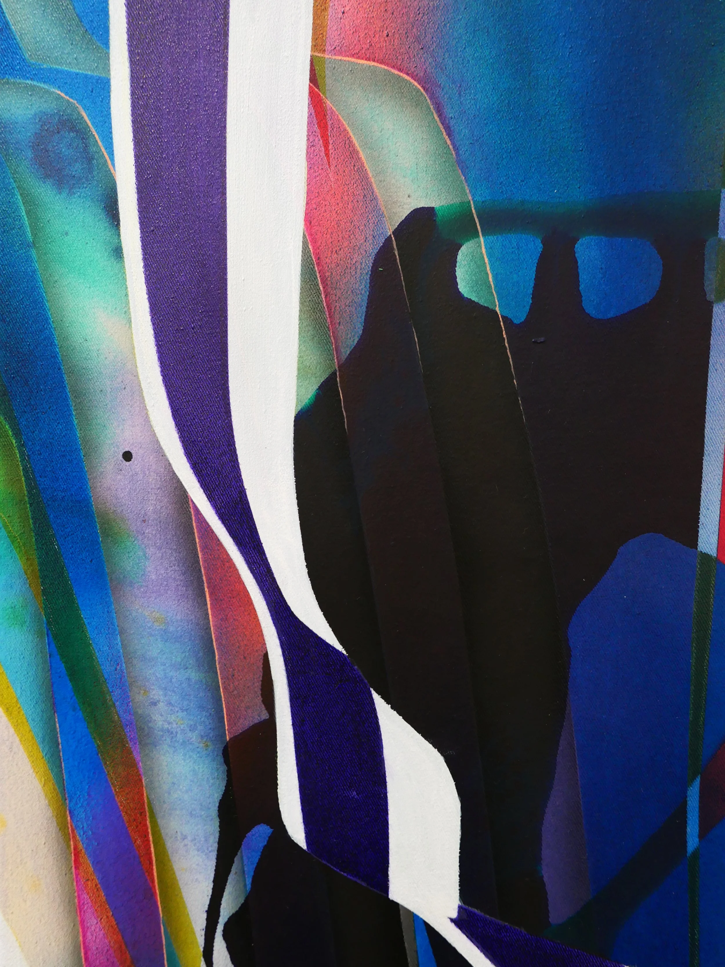 Close-up photo of an abstract, colorful artwork on canvas featuring sweeping curves and vibrant shades of blue, purple, green, red, black, and white.