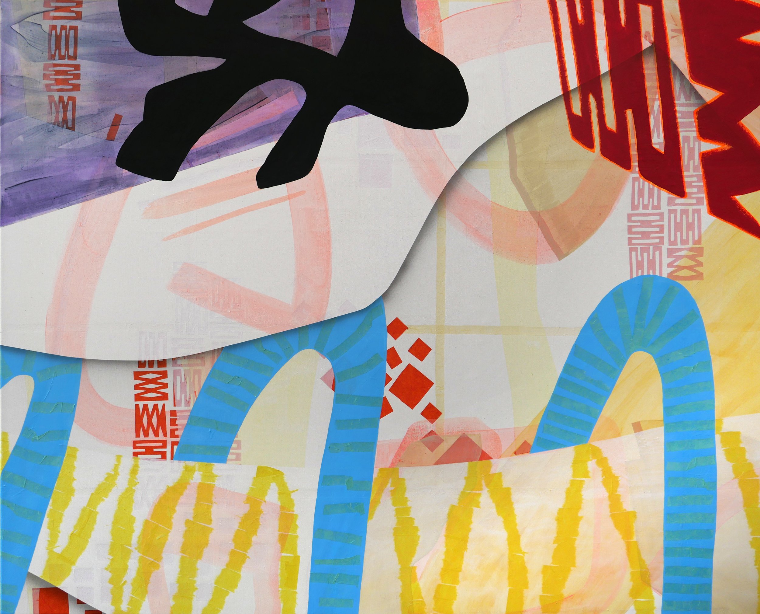 Abstract colorful artwork with black, red, blue, and yellow shapes and patterns.