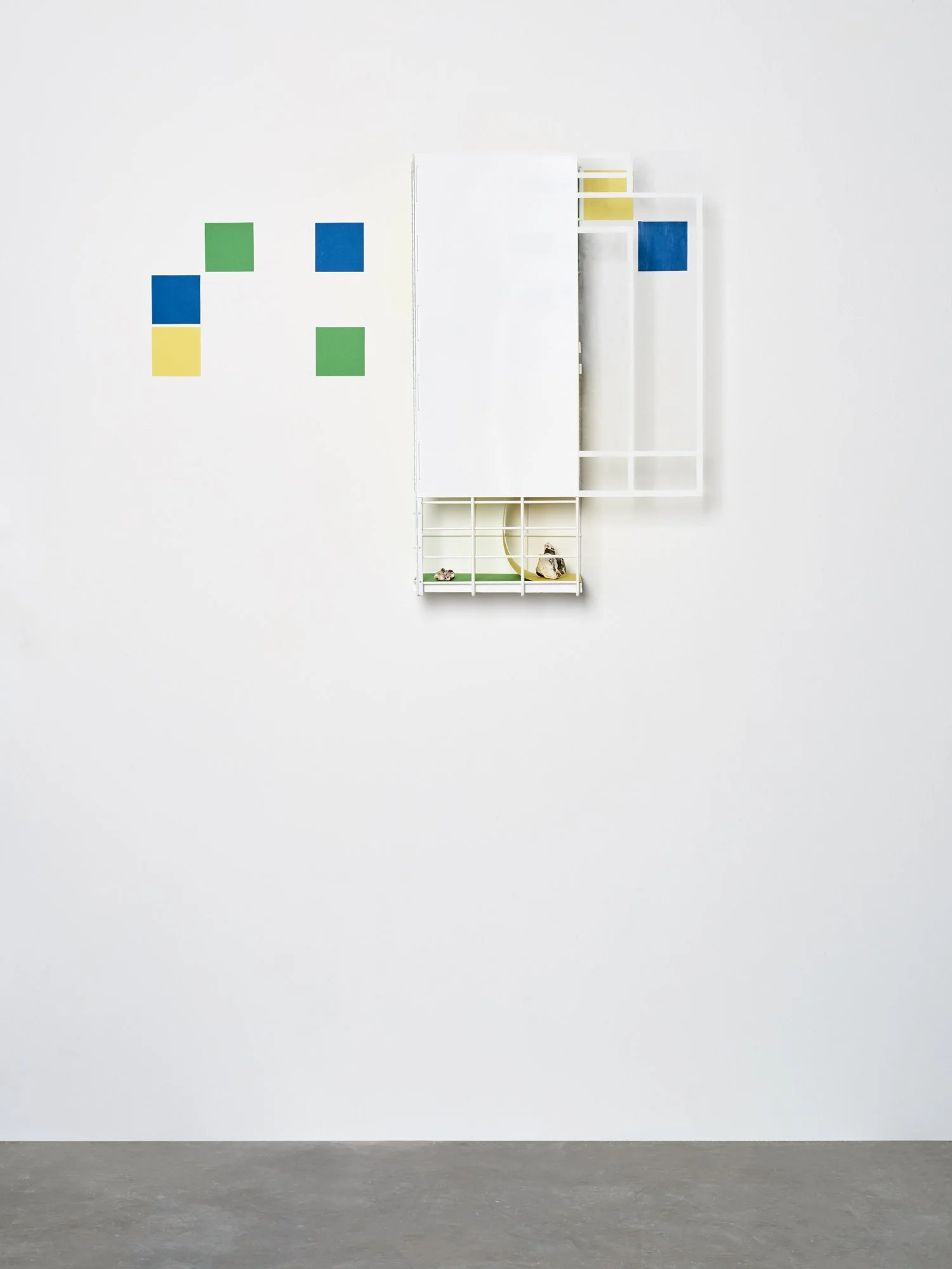 Untitled (blue, green, yellow) closed (Gridworks), 2018, Steel frame, wood, paper, stones, acrylic glass, acrylic paint