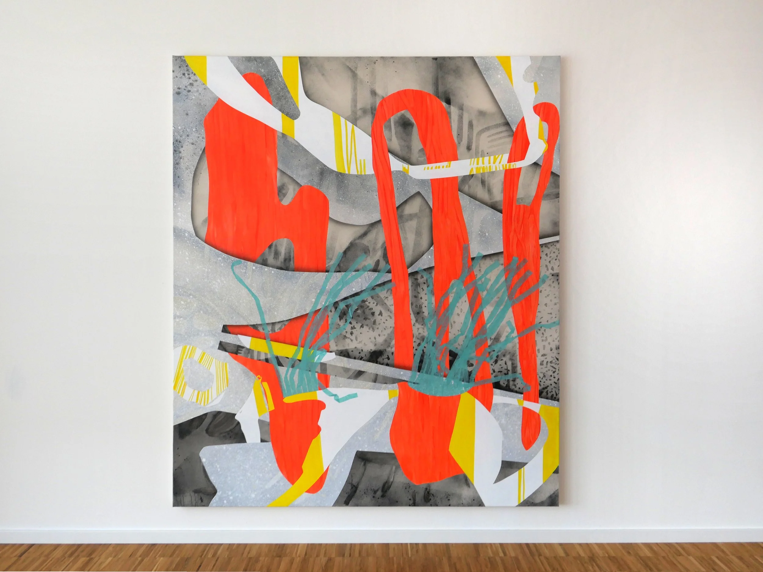 Abstract painting with bold orange and yellow shapes, gray and black textured background, and teal scribbles.