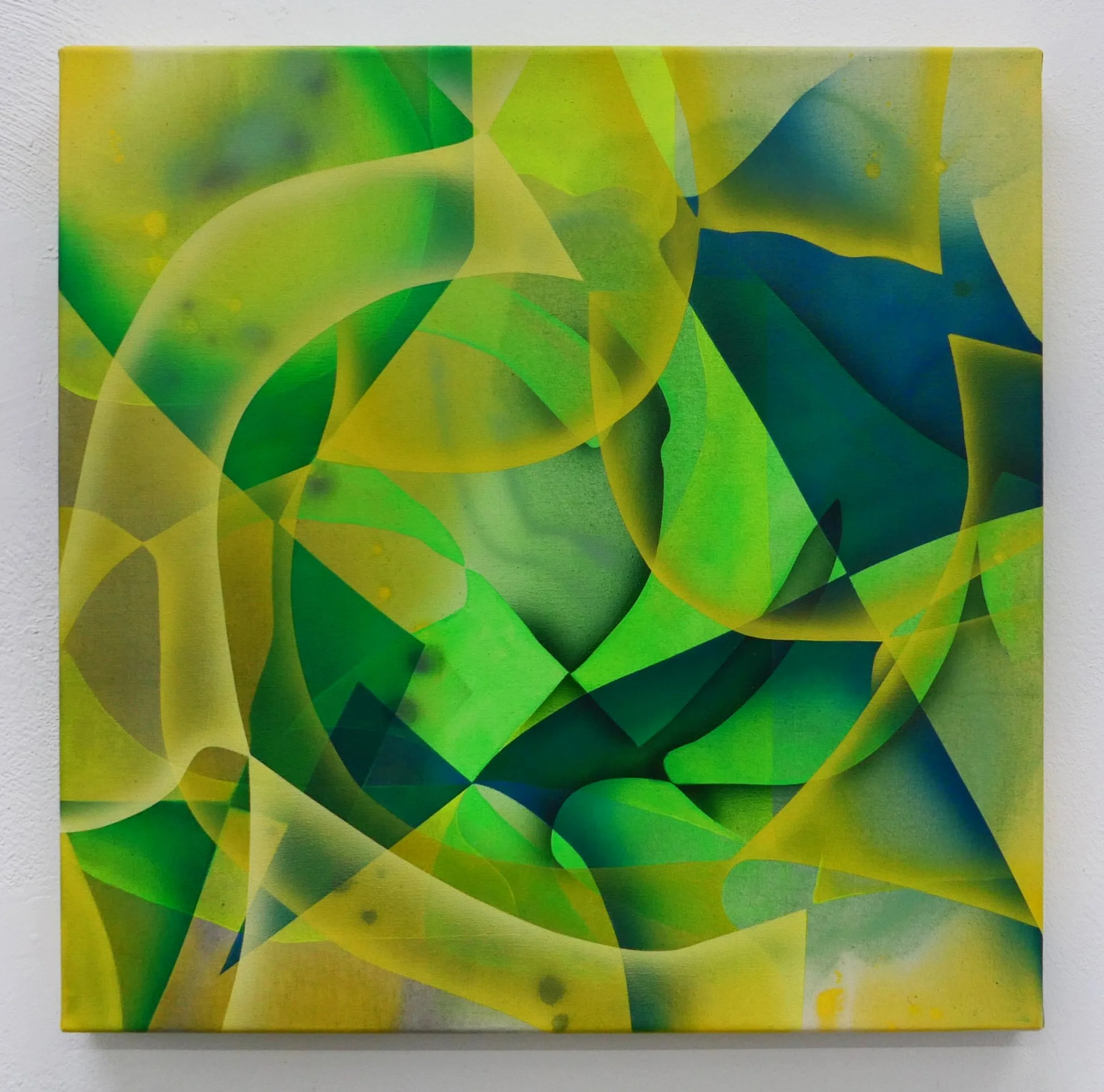 Abstract painting with vibrant green, yellow, and blue geometric shapes and swirling patterns.