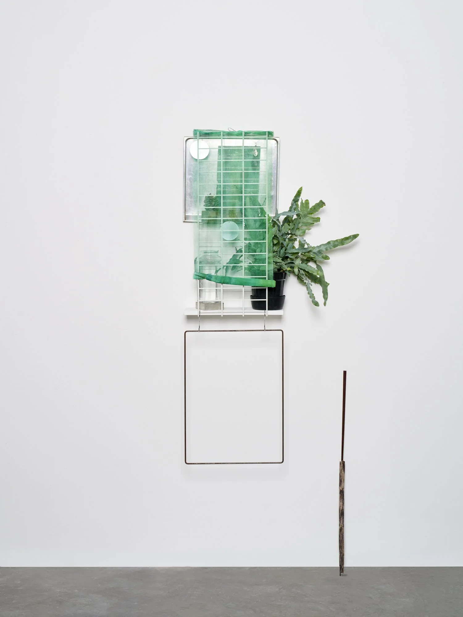 Untitled (scaffolding), 2018, Steel frame, plant, metal, wood, pine, tray, prism, painted gauze, glass pitcher