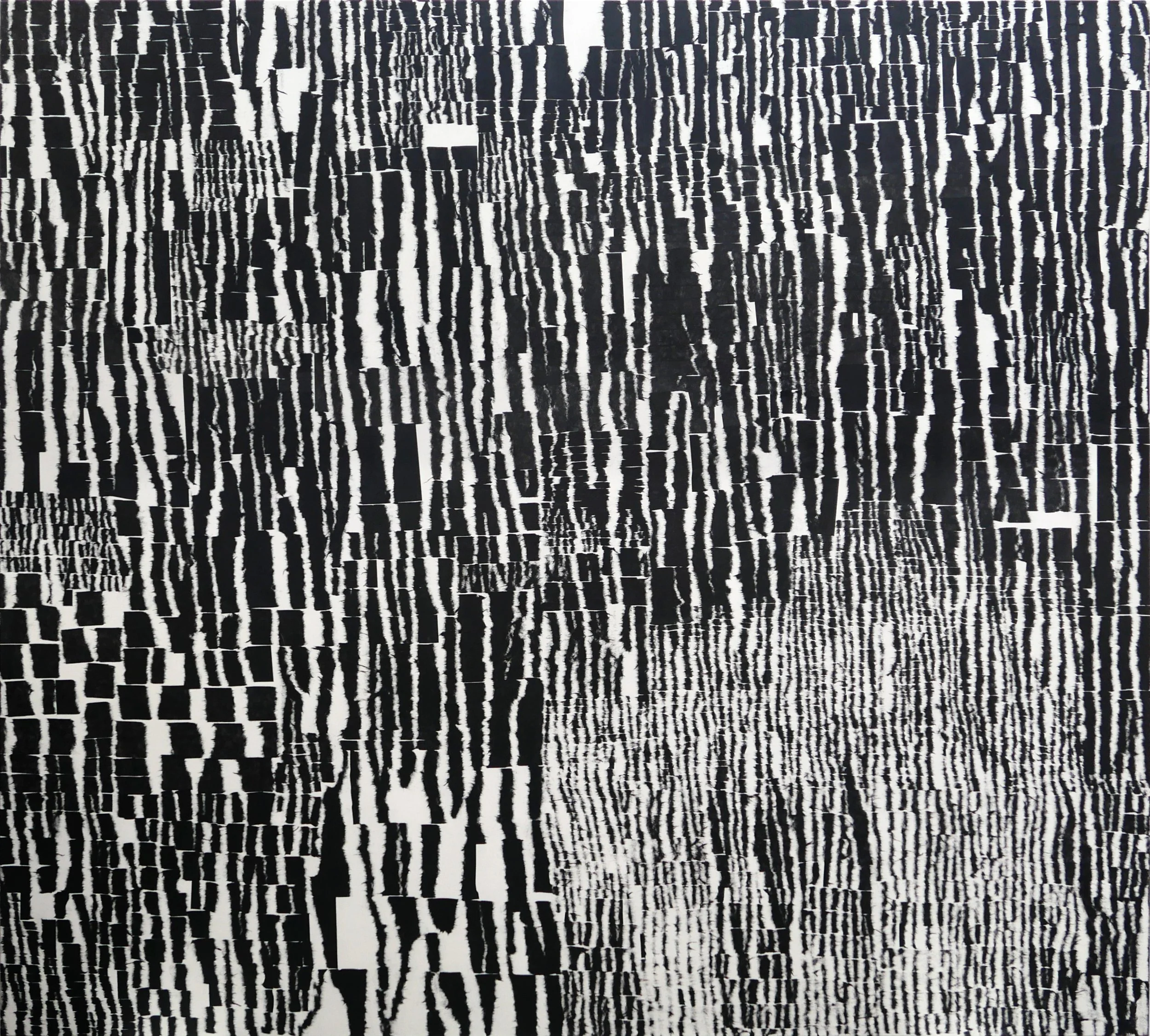 Close-up of an abstract black-and-white patterned surface with irregular, overlapping lines and shapes.