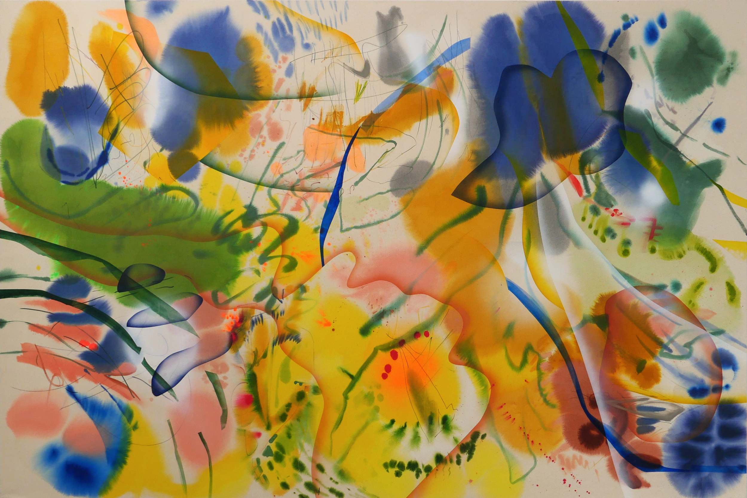 A large abstract acrylic painting with vibrant shapes and splashes of blue, green, yellow, orange, and red, featuring loose gestures and hard-edges translucent shapes.