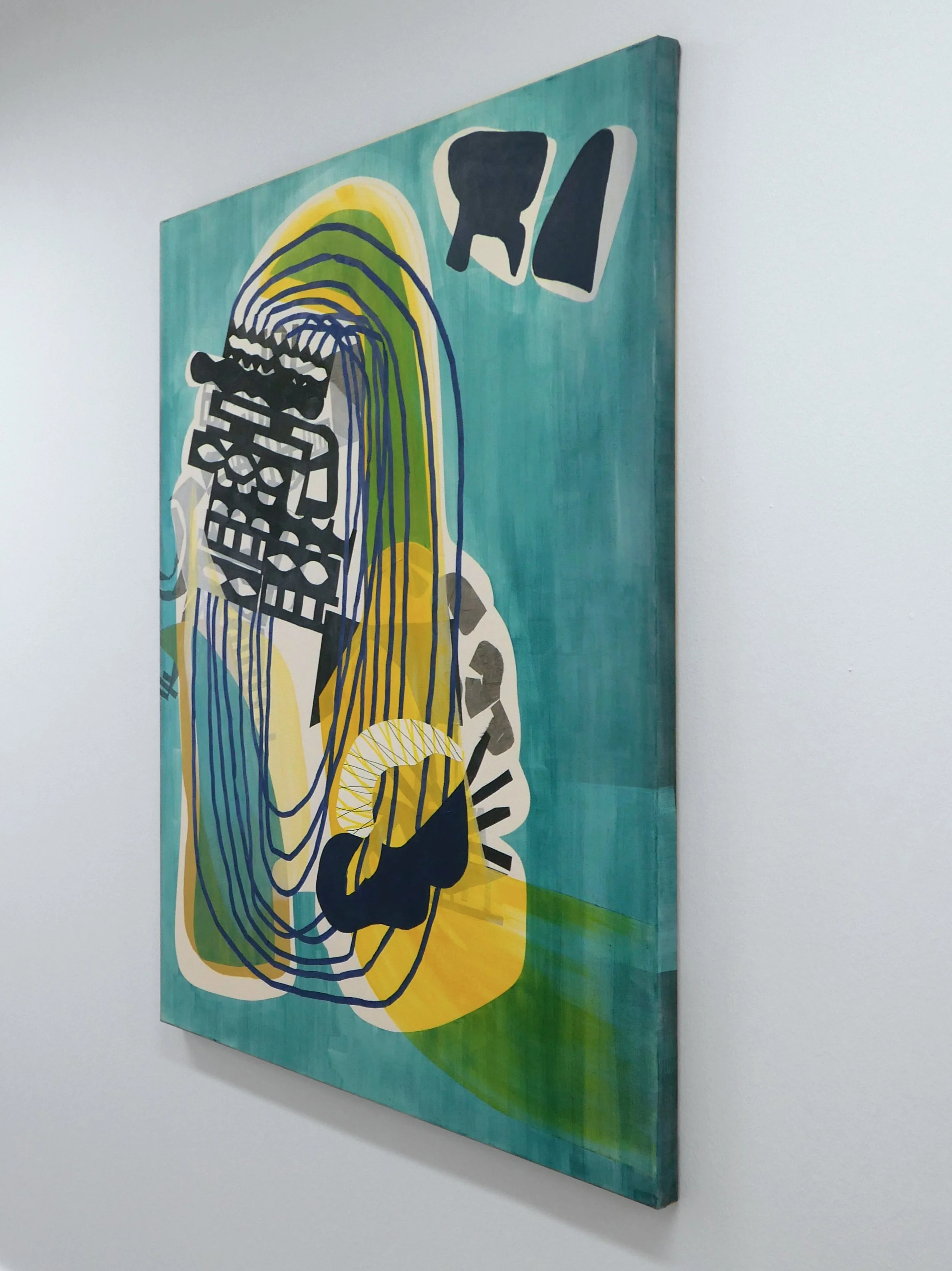 Abstract painting with bold black, yellow, green, and blue lines and shapes on a teal background.