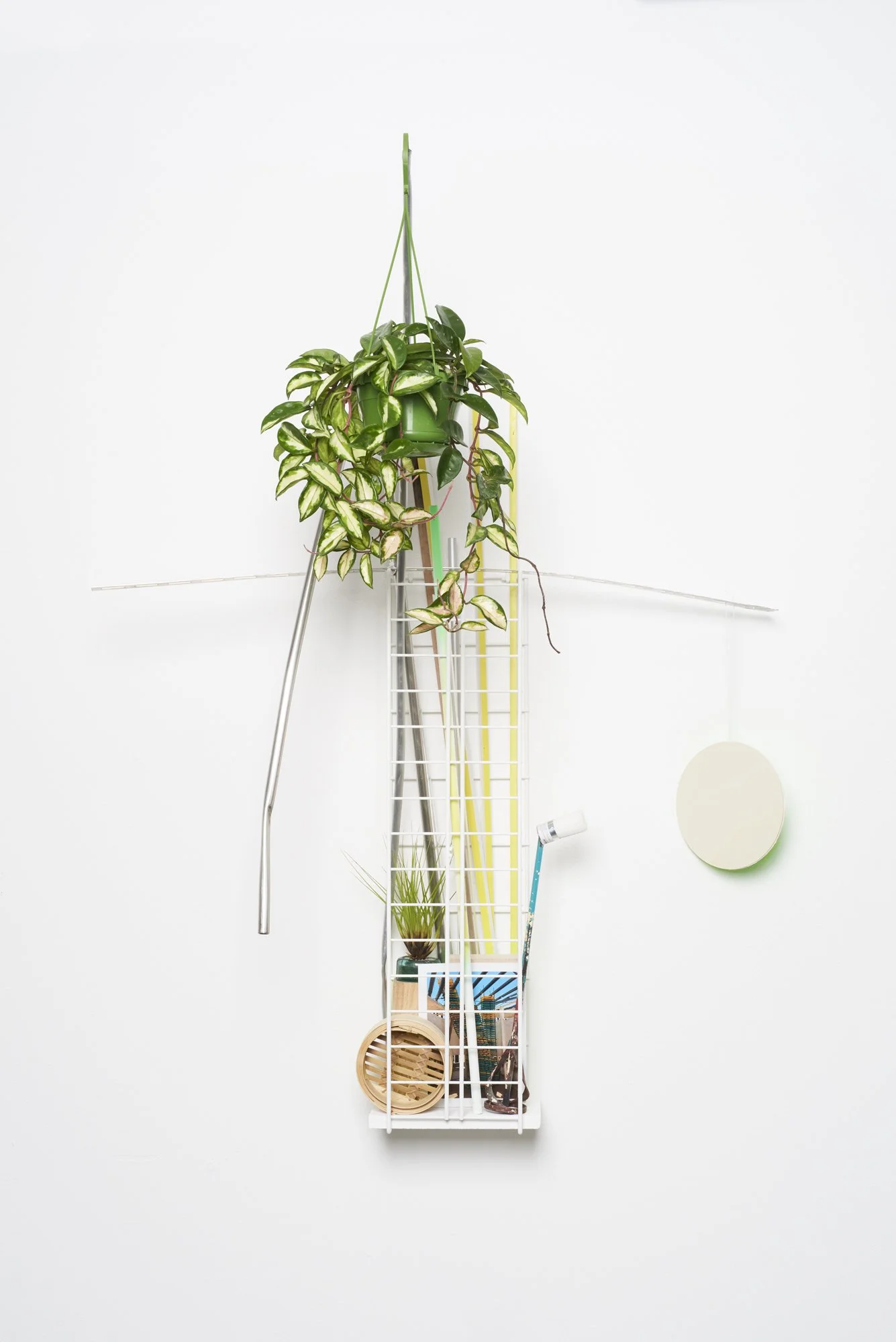 Untitled with horse sculpture (Gridworks), 2018, Steel frame, plants, sculpture, photograph, wood, bamboo, glass, metal, paper, acrylic glass, acrylic paint, etc.
