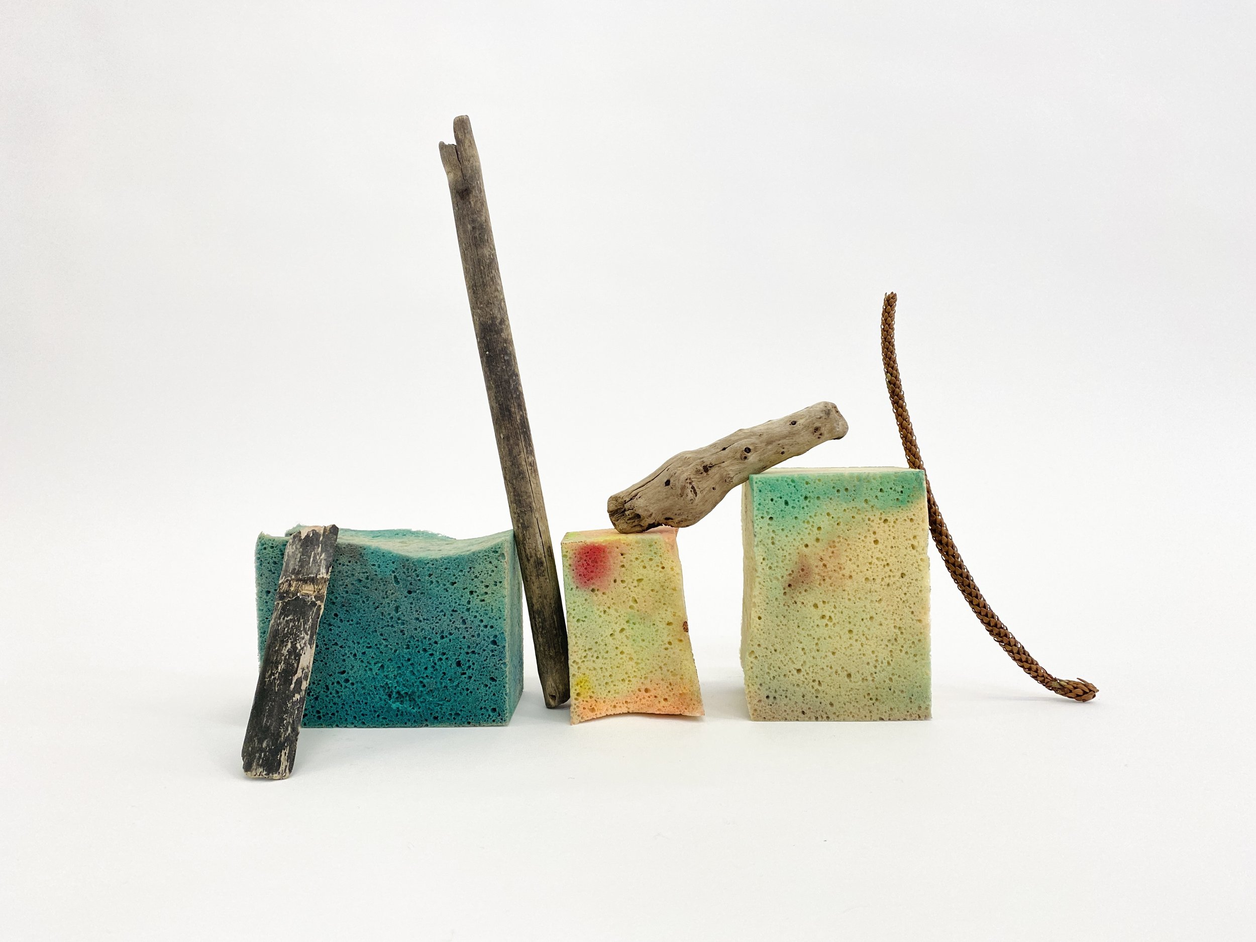 Painting tools arranged, 2021, Sponges, wooden sticks