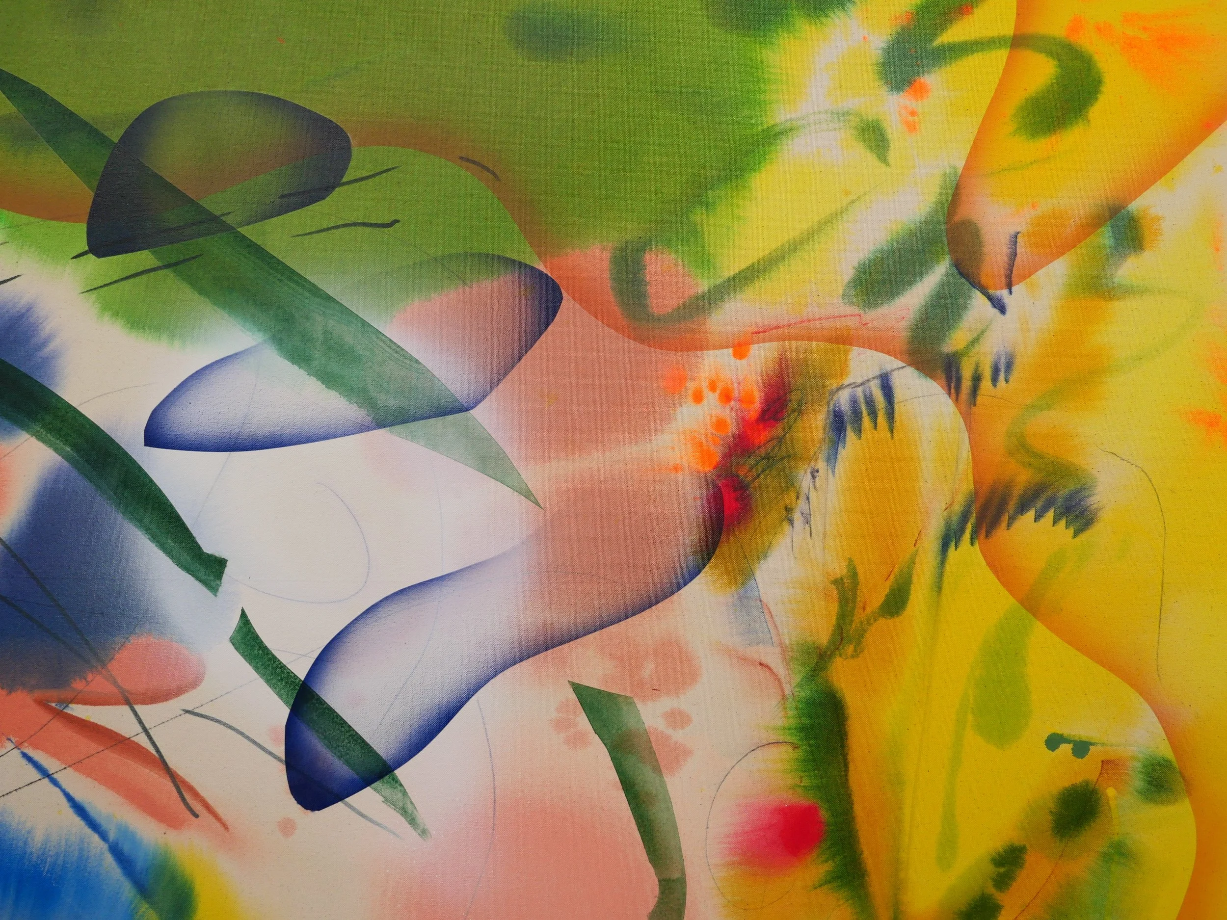 Colorful abstract artwork with splashes of green, yellow, orange, red, blue, and black, featuring curved and sharp lines, shapes, and patterns.