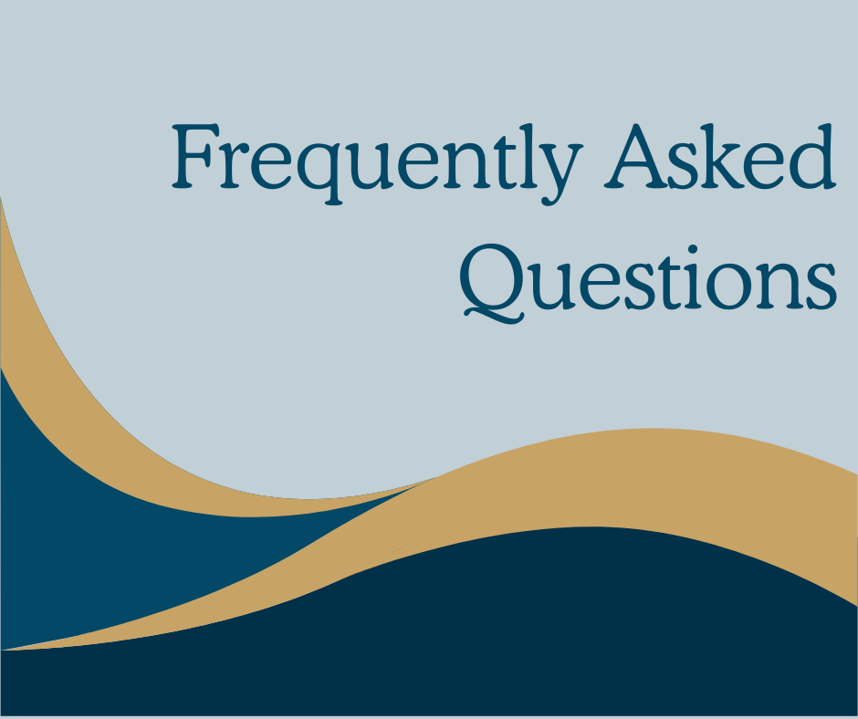 A graphic with the text "Frequently Asked Questions" on a blue and gold abstract background.
