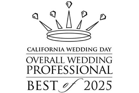 Award or certificate with a tiara design at the top, inscribed with 'California Wedding Day Overall Wedding Professional Best 2025'.