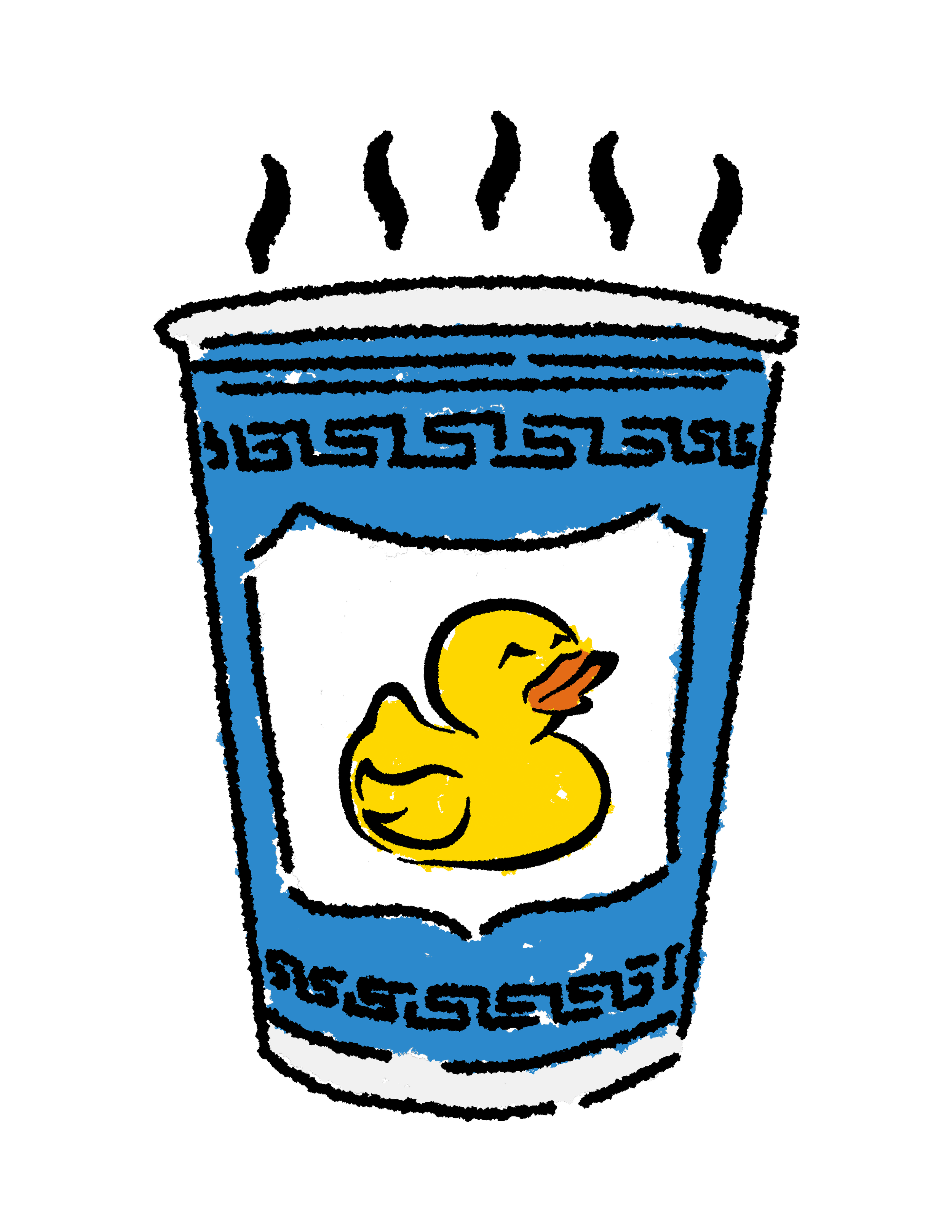 Cartoon illustration of a Nyc coffee cup with a yellow rubber duck on the label, with Greek key pattern borders in blue and white.