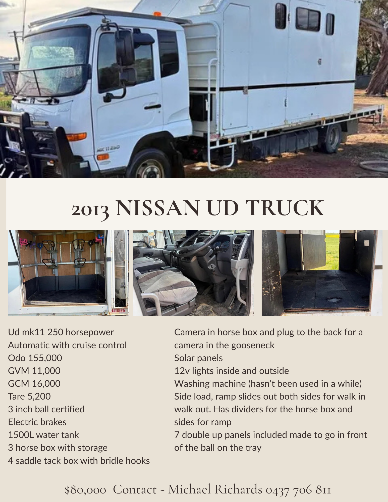 2013 Nissan UD Truck ~ 3 horse &amp; gooseneck ball 