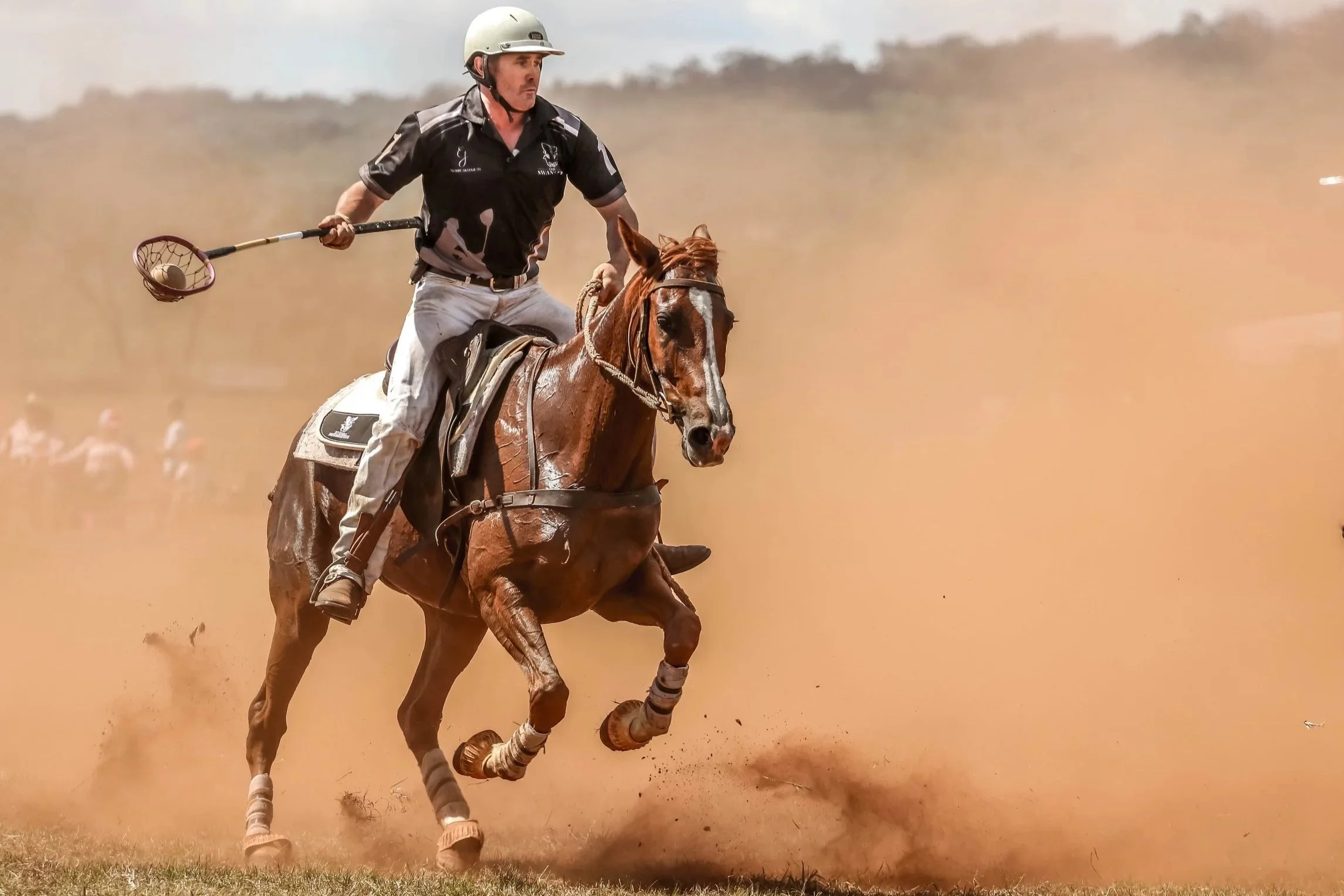 A polo player riding a brown horse during a match, holding a mallet, with a cloud of dust in the background.