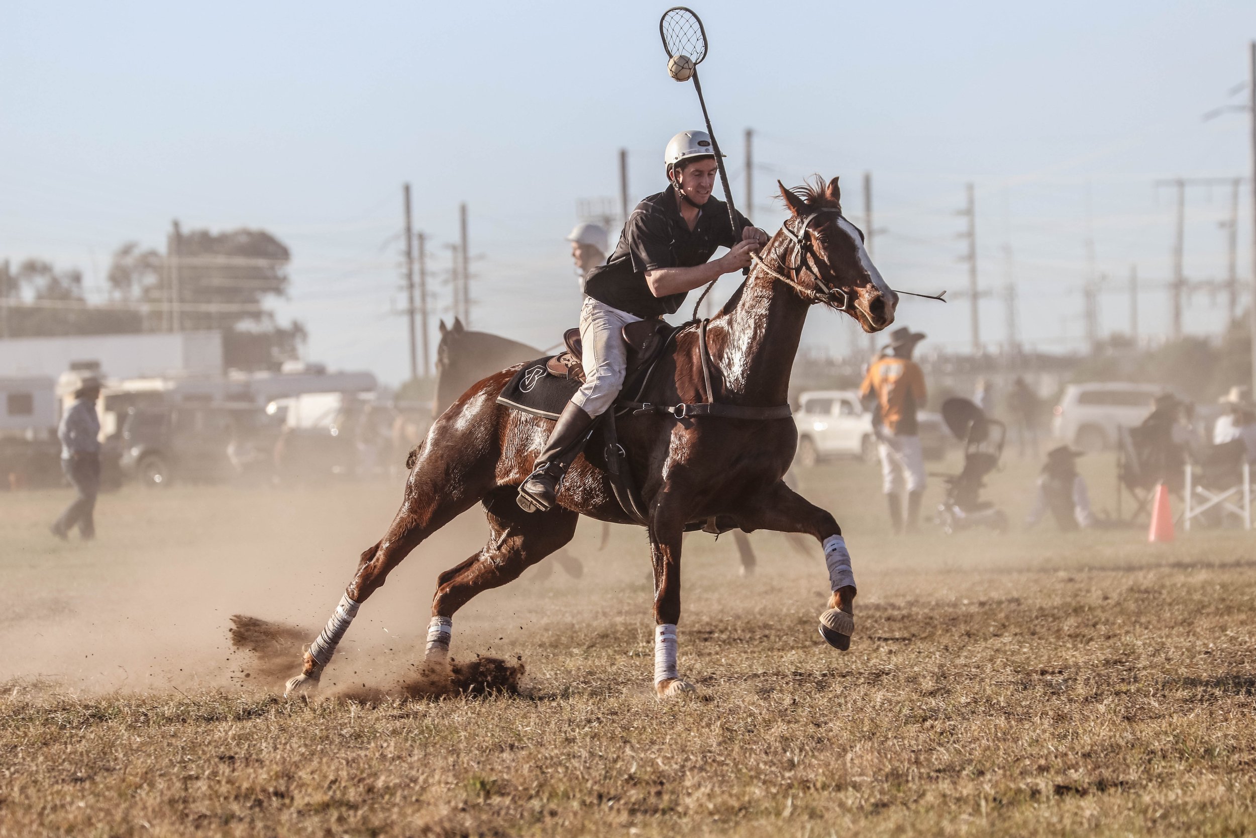 A man riding a horse during a polo match, holding a mallet, with a crowd and vehicles in the background.