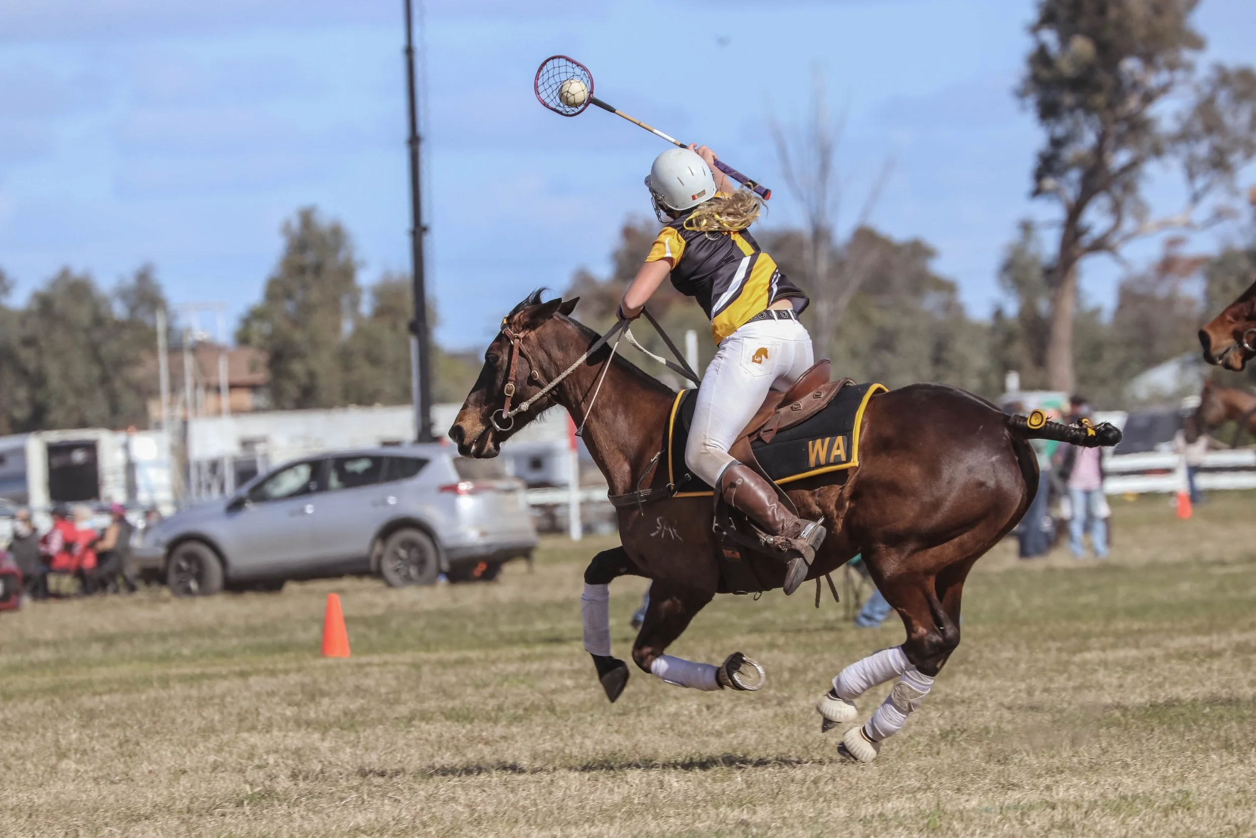 A girl playing polo on a brown horse on a grassy field. The girl is wearing a white helmet, yellow and black shirt, white pants, and brown boots, and is holding a polo mallet in the air. There are cars, people, and trees in the background.