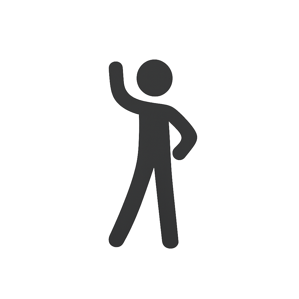 Silhouette of a person waving, standing with one hand on their hip.
